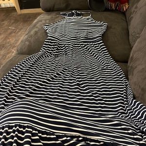 Navy blue and white striped maxi dress